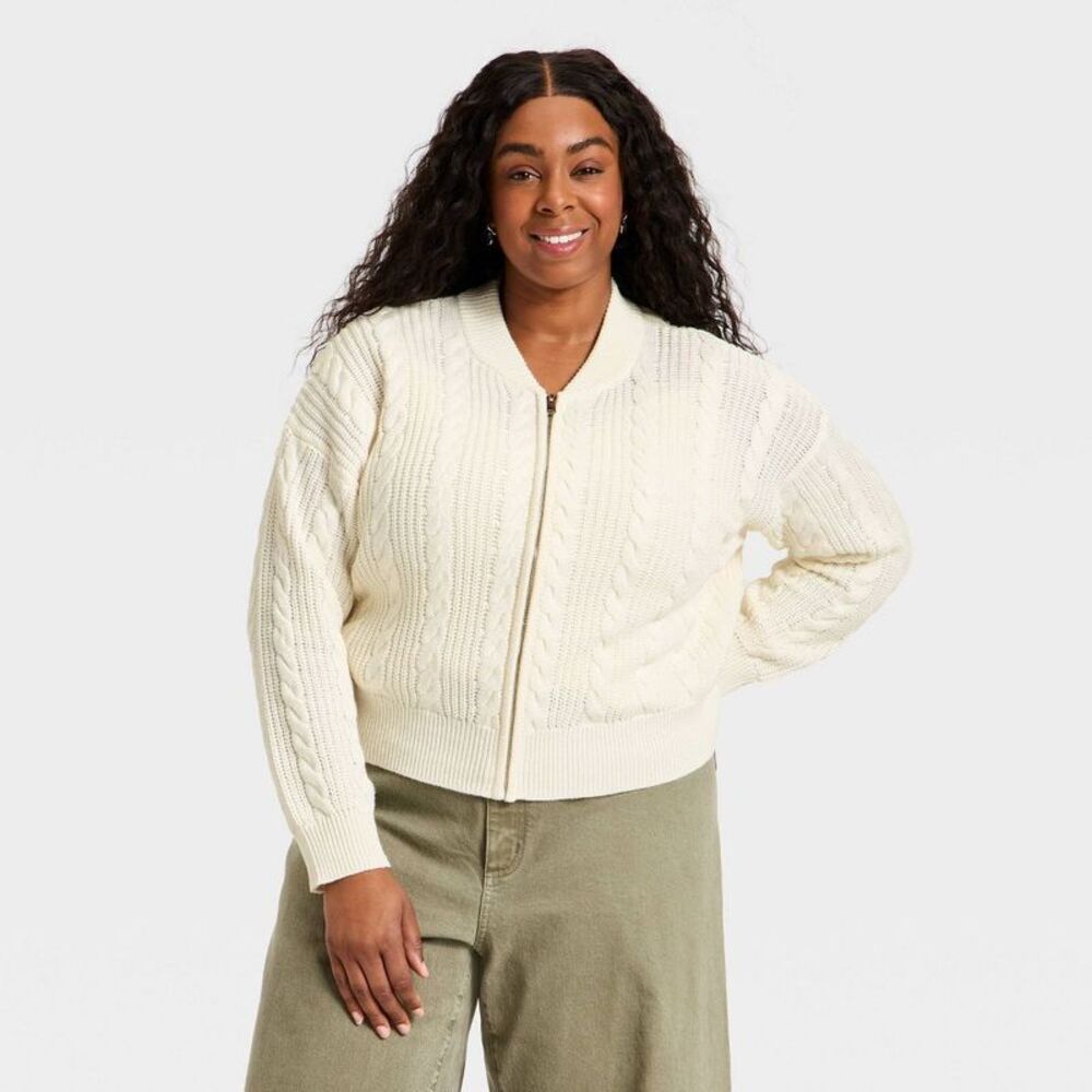 Women's Cream Cable Knit Zip-Front Jacket